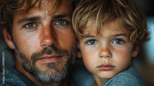 father with small sick unhappy son indoors at home comforting him