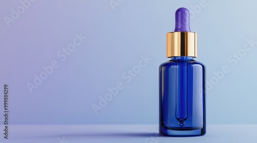 Luxurious blue glass serum bottle with a gold dropper, standing out against a clean background. No people. No logo.