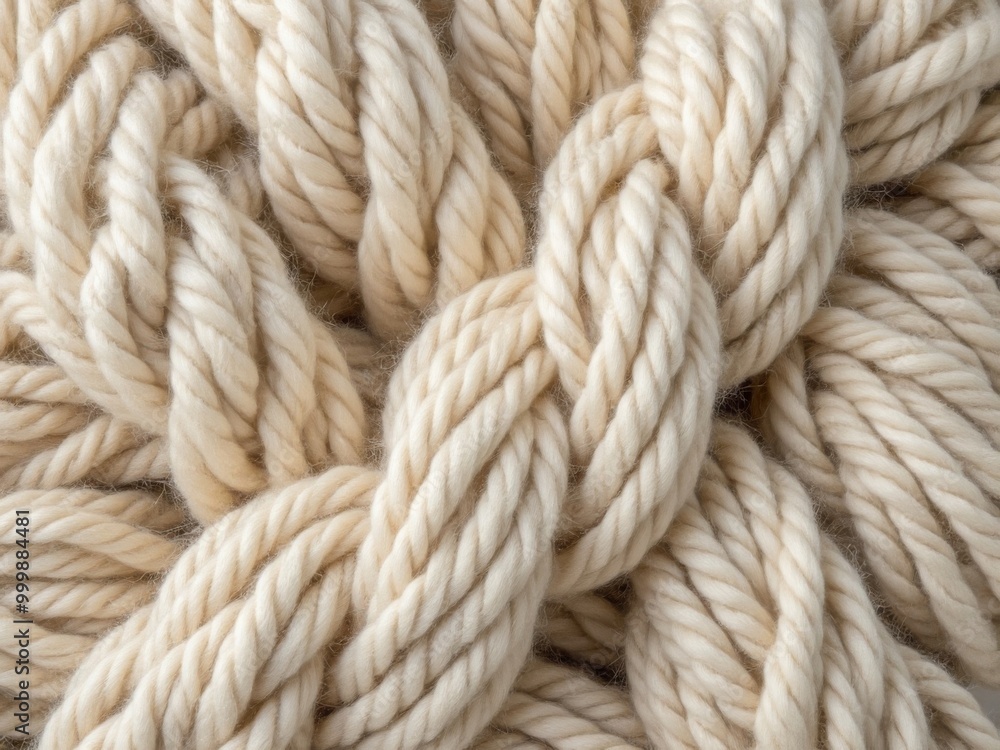 Close-up of intertwined natural cream-colored wool yarn in a braided pattern showing soft texture and detailed fiber strands Close-up of intertwined natural cream-colored wool yarn in a braided pattern showing soft texture and detailed fiber strands