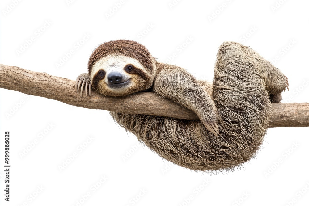 Sloth, Animal of Costa Rica on white background, isolated, funny animal hanging on tree branch scratching belly, generative ai Sloth, Animal of Costa Rica on white background, isolated, funny animal hanging on tree branch scratching belly, generative ai