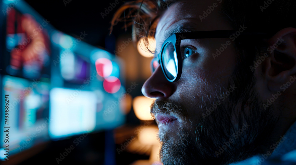close up of programmers face illuminated by computer screens, showcasing intense focus and concentration. vibrant colors of screens reflect in his glasses, creating captivating atmosphere close up of programmers face illuminated by computer screens, showcasing intense focus and concentration. vibrant colors of screens reflect in his glasses, creating captivating atmosphere