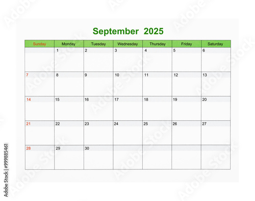 September 2025 Calendar page for 2025 year isolated on white, Save clipping path.