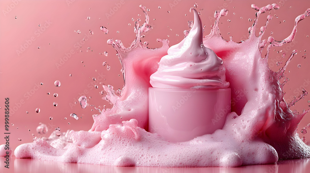 Pink Foam Exploding from Container, Whipped Cream Like Texture, Closeup Shot Pink Foam Exploding from Container, Whipped Cream Like Texture, Closeup Shot