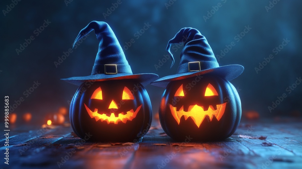 Fototapeta premium Glowing Jack-o'-Lanterns with Witch Hats in a Spooky Halloween Forest