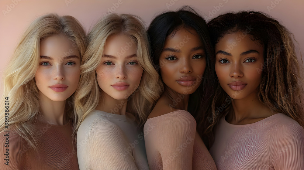 Fototapeta premium Four Women Posing Together in Studio with Different Hair Styles
