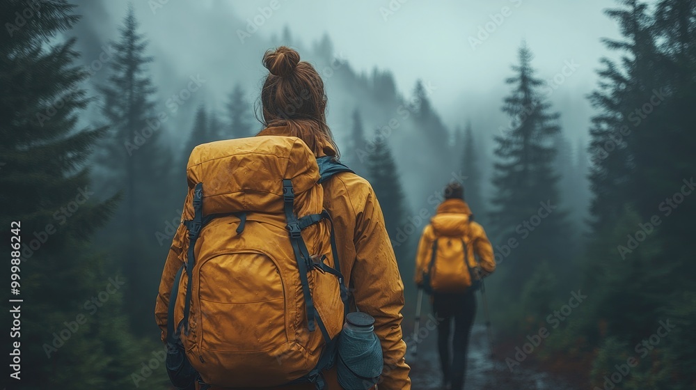Young Couple Hiking in a Forest with Room for Outdoor Activities Young Couple Hiking in a Forest with Room for Outdoor Activities