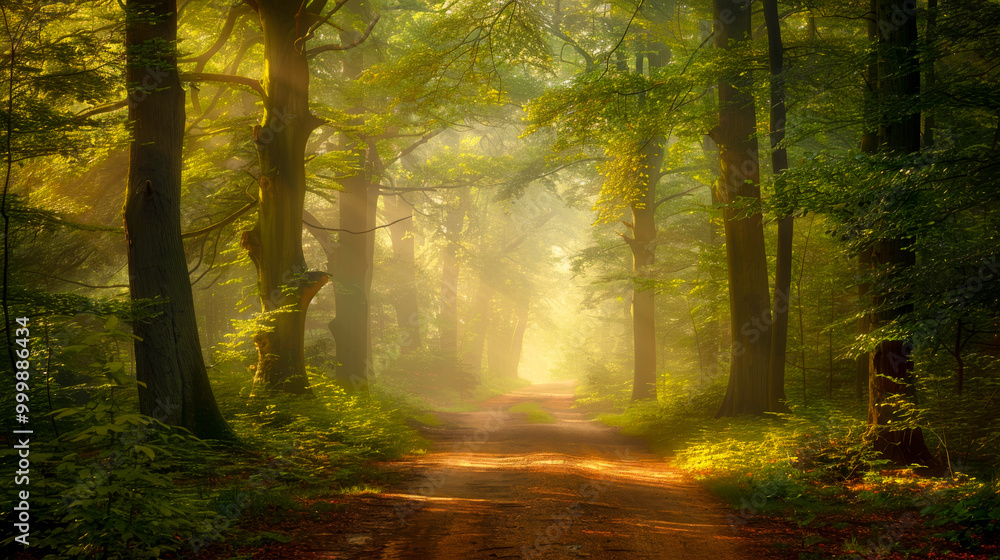 Obraz premium serene forest path illuminated by soft morning light creates tranquil atmosphere, inviting exploration and reflection amidst lush greenery