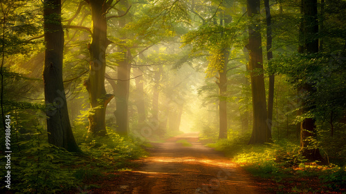 serene forest path illuminated by soft morning light creates tranquil atmosphere, inviting exploration and reflection amidst lush greenery