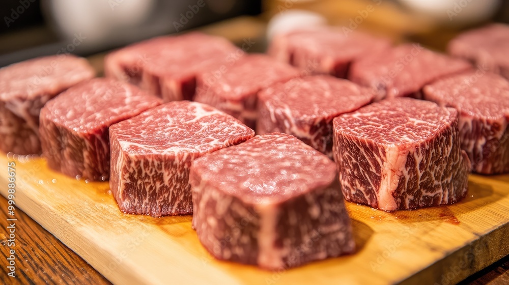 Fototapeta premium A close-up of marbled beef cuts on a butcher's board, showcasing the intricate fat distribution, ready to be prepared for a gourmet meal.