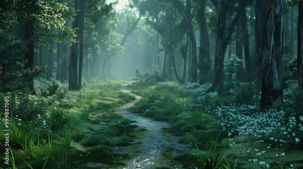 Fototapeta premium A Misty Forest Path in a Tranquil Woodland