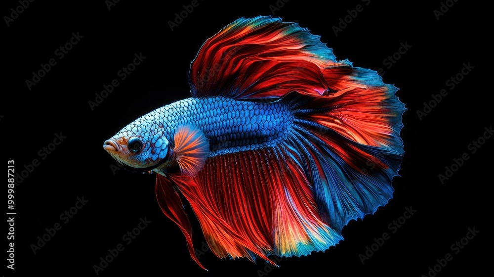 Fototapeta premium A close-up shot of a Betta fish flaring its gills, with vivid hues of blue and red highlighted by the soft light filtering through the water, emphasizing its beauty and aggression