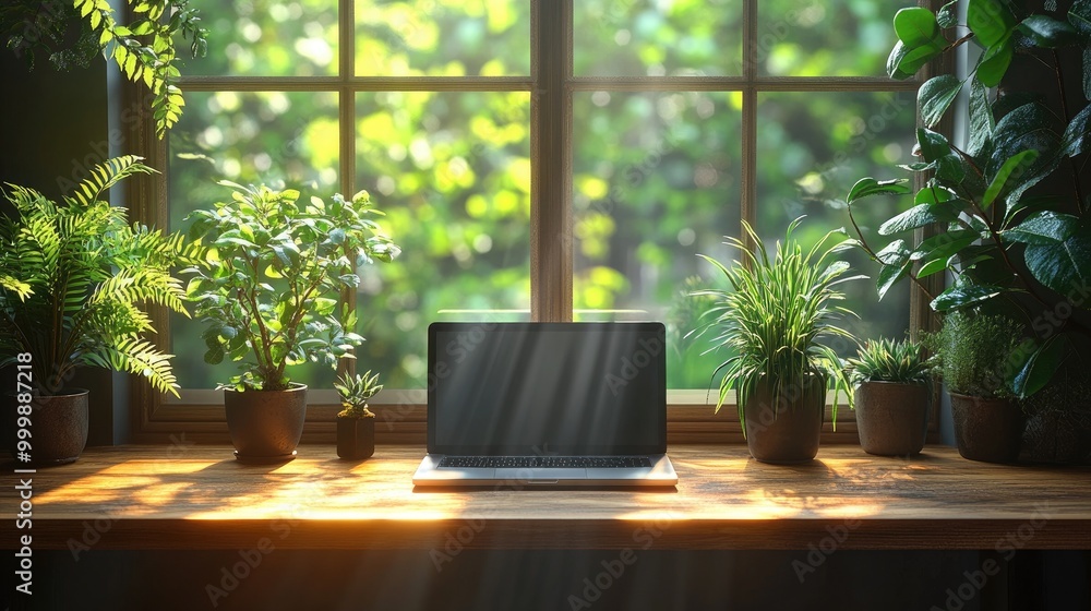 Minimalistic Office Desk with Laptop and Plant for a Modern Workspace Minimalistic Office Desk with Laptop and Plant for a Modern Workspace