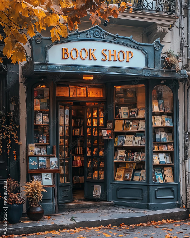 charming bookshop adorned with autumn leaves, inviting readers to explore its cozy interior filled with books. warm glow from windows creates welcoming atmosphere charming bookshop adorned with autumn leaves, inviting readers to explore its cozy interior filled with books. warm glow from windows creates welcoming atmosphere