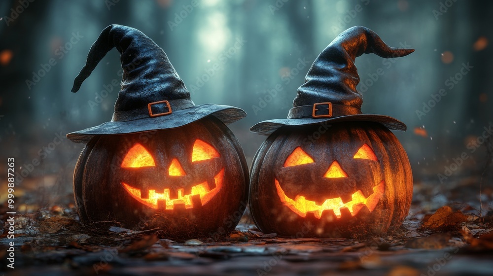 Fototapeta premium Glowing Jack-o'-Lanterns with Witch Hats in a Spooky Halloween Forest