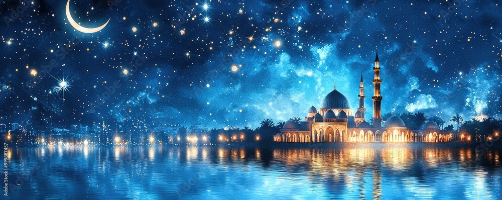 A peaceful watercolor night scene featuring a mosque by the water with reflections in the calm surface and a crescent moon shining brightly above, creating a serene atmosphere. A peaceful watercolor night scene featuring a mosque by the water with reflections in the calm surface and a crescent moon shining brightly above, creating a serene atmosphere.