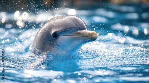 A close-up shot of a dolphin's sleek body gliding through the water, with bubbles swirling around it, showcasing the beauty and grace of these marine creatures. photo