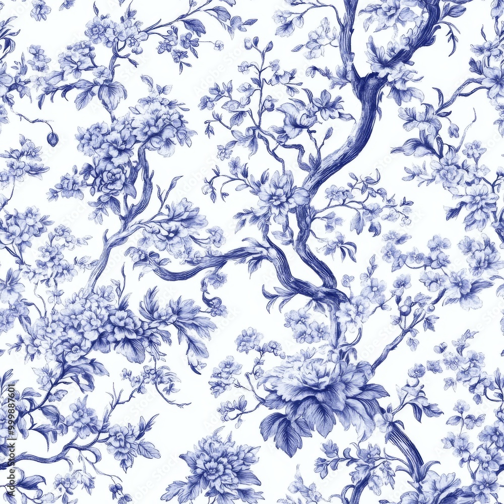 Fototapeta premium Delicate Floral Toile de Jouy Seamless Pattern