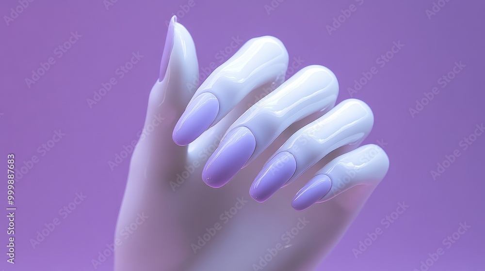Mannequin hand with gel nails in soft lavender with glossy finish, no logo, highlighting the gentle hue, no people. Mannequin hand with gel nails in soft lavender with glossy finish, no logo, highlighting the gentle hue, no people.