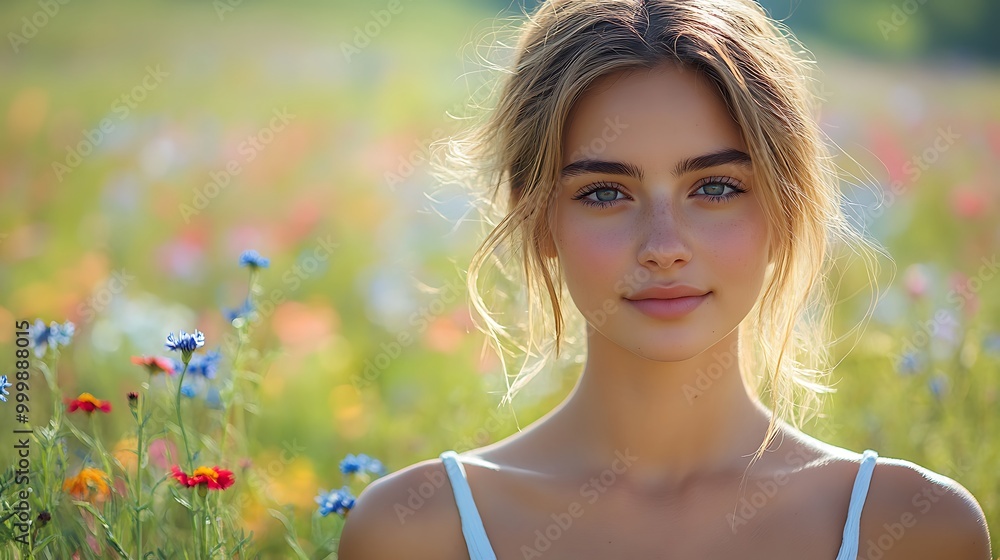 A glowing young woman standing in a vibrant meadow, her skin reflecting the warmth of the sun, surrounded by colorful wildflowers, capturing the essence of youth, health, A glowing young woman standing in a vibrant meadow, her skin reflecting the warmth of the sun, surrounded by colorful wildflowers, capturing the essence of youth, health,