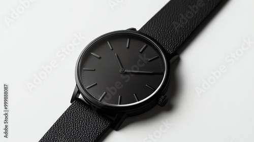 Wallpaper Mural A black watch with a black leather band on a white surface. Torontodigital.ca
