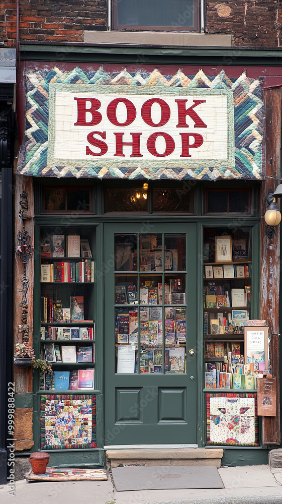 charming book shop with welcoming sign and display of various books in windows invites readers to explore its literary treasures. quaint exterior adds to peaceful atmosphere charming book shop with welcoming sign and display of various books in windows invites readers to explore its literary treasures. quaint exterior adds to peaceful atmosphere