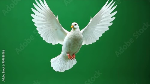 White dove is flapping its wings while flying on a solid green screen background that can be easily removed. This footage is perfect for visual effects and video editing