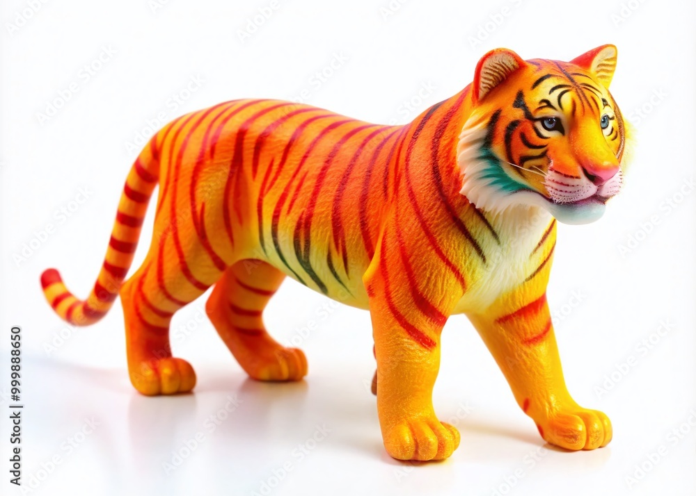 Obraz premium Brightly Colored Plastic Toy Tiger on a White Background Ideal for Children's Play and Education
