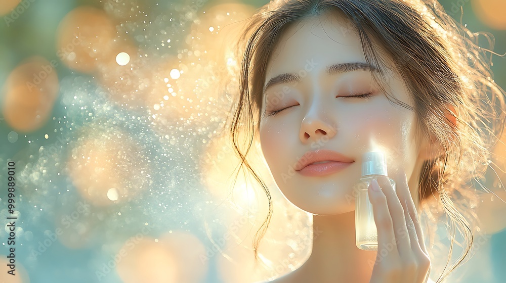 A peaceful portrait of an Asian woman applying hydrating mist, her skin glowing in the warm golden light of sunset, the mist creating a soft, ethereal effect around her, A peaceful portrait of an Asian woman applying hydrating mist, her skin glowing in the warm golden light of sunset, the mist creating a soft, ethereal effect around her,
