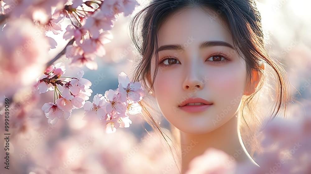 A peaceful portrait of an Asian woman with glowing skin, standing among cherry blossoms in full bloom, soft pink petals framing her face, the sunlight creating a natural radiance, A peaceful portrait of an Asian woman with glowing skin, standing among cherry blossoms in full bloom, soft pink petals framing her face, the sunlight creating a natural radiance,