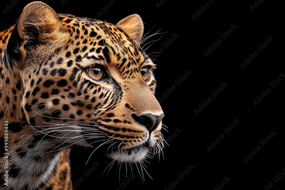 Naklejka premium Leopard looking away from camera on black background