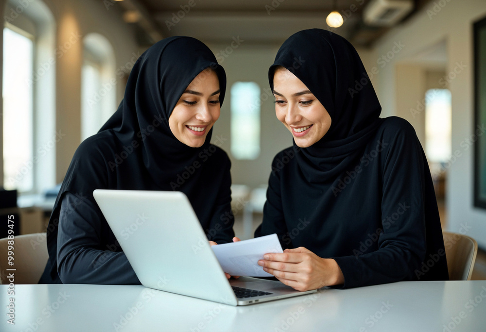 two young professional women in black abayas from saud arabia in a modern office setting, collaborating on a creative project two young professional women in black abayas from saud arabia in a modern office setting, collaborating on a creative project