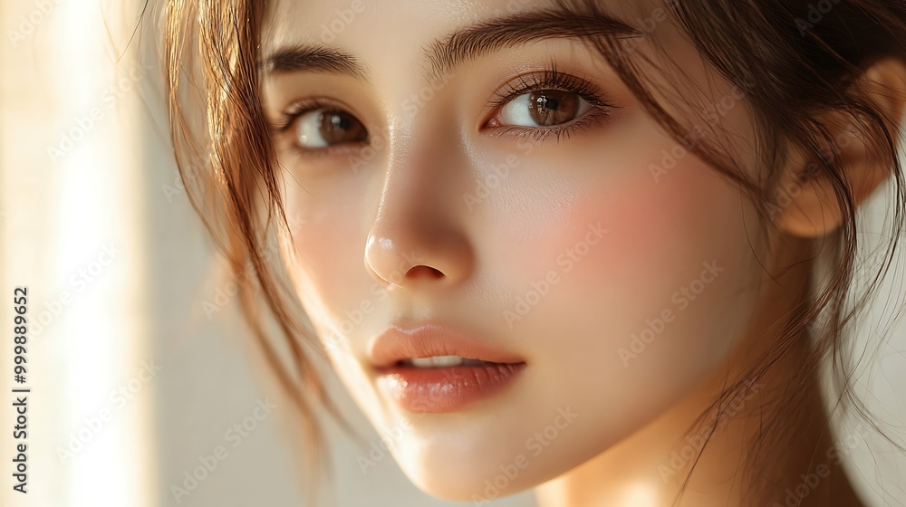 A radiant close-up of an Asian woman’s cheek, her skin smooth and hydrated after applying moisturizer, soft lighting enhancing the silky texture, minimalist background with warm, A radiant close-up of an Asian woman’s cheek, her skin smooth and hydrated after applying moisturizer, soft lighting enhancing the silky texture, minimalist background with warm,