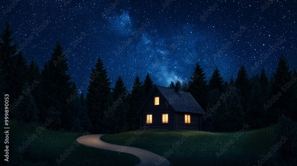 Cozy cabin illuminated at night under a starry sky surrounded by trees. Cozy cabin illuminated at night under a starry sky surrounded by trees.