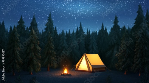 Wallpaper Mural Cozy camping scene at night with a tent and glowing campfire under starry sky. Torontodigital.ca