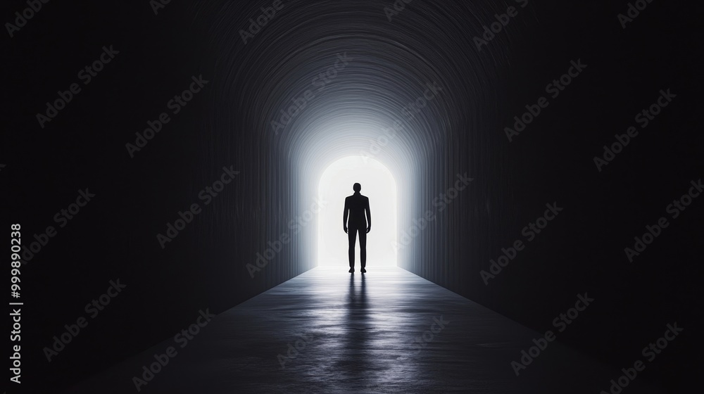 Lonely figure standing at the end of a dark tunnel illuminated by bright light. Lonely figure standing at the end of a dark tunnel illuminated by bright light.