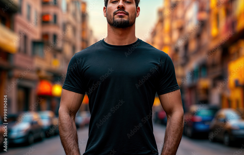 Man in black t-shirt standing with hands on hips, looking away from camera down narrow street between buildings. Man in black t-shirt standing with hands on hips, looking away from camera down narrow street between buildings.
