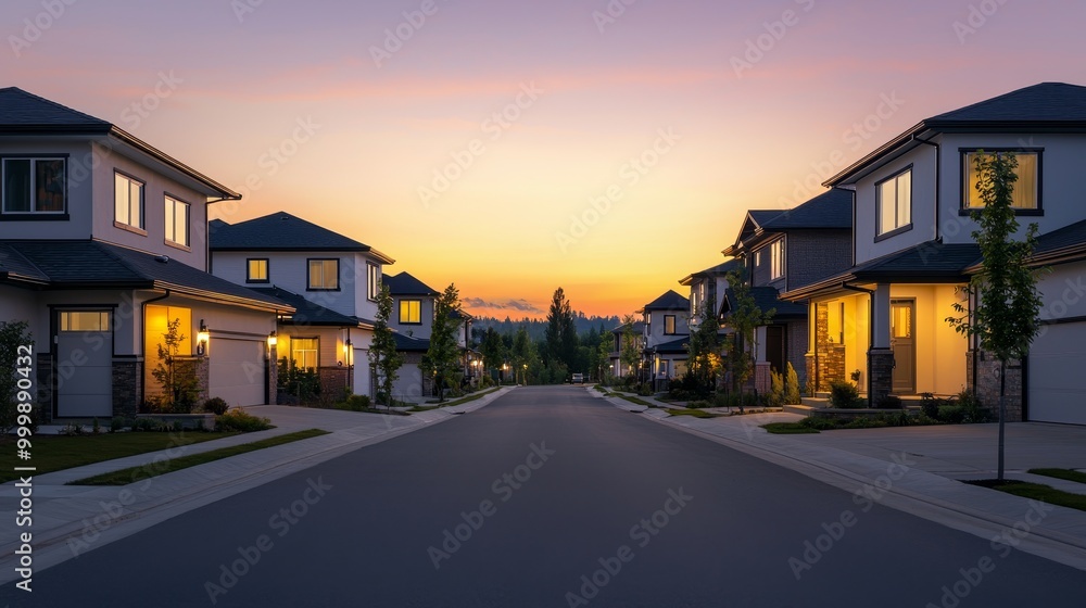 Quiet suburban street at sunset with illuminated houses and clear sky.