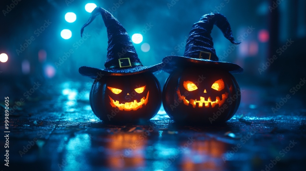 Fototapeta premium Glowing Jack-o'-Lanterns with Witch Hats in a Spooky Halloween Forest