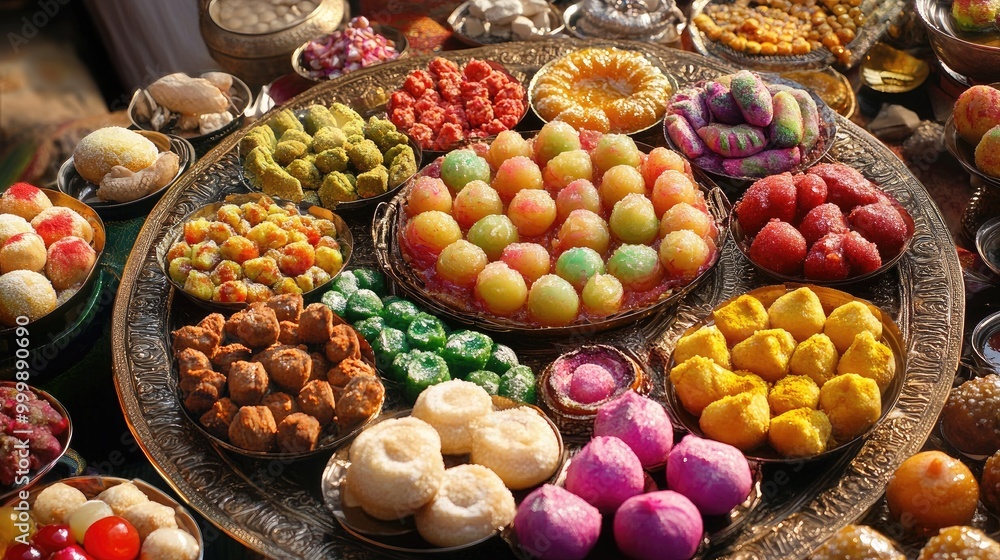A colorful array of Indian sweets, such as gulab jamun and jalebi, displayed on a decorative platter, inviting viewers to indulge in the rich flavors of Indian desserts. A colorful array of Indian sweets, such as gulab jamun and jalebi, displayed on a decorative platter, inviting viewers to indulge in the rich flavors of Indian desserts.