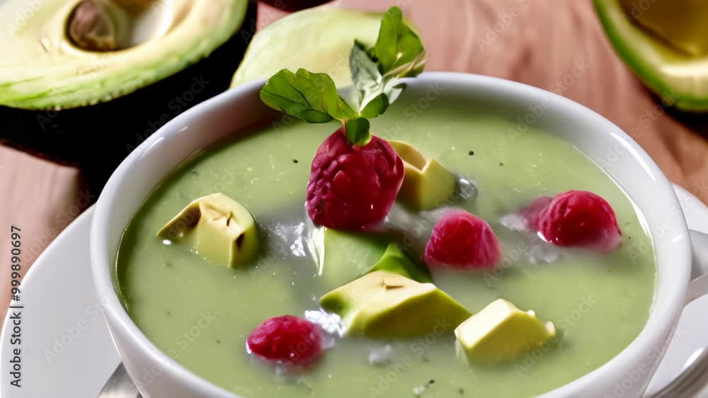 Fresh and vibrant smoothie bowl with avocado and raspberries Fresh and vibrant smoothie bowl with avocado and raspberries