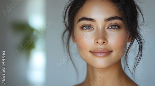 A serene close-up of an Asian woman with no makeup, her natural skin glowing in soft natural light, minimalist background with neutral tones,