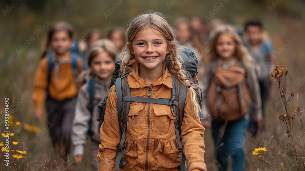 group of school children walking on field trip in nature arm in arm group of school children walking on field trip in nature arm in arm
