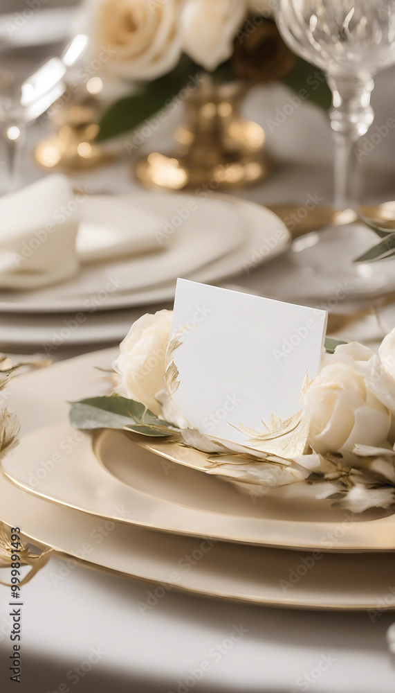 An elegant table setting featuring a blank card placed amidst white roses and gold accents, ideal for weddings or special occasions.
An elegant table setting featuring a blank card placed amidst white roses and gold accents, ideal for weddings or special occasions.