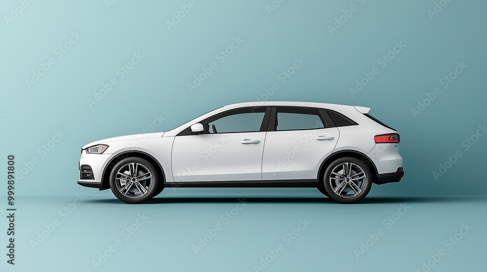A white SUV vehicle with black wheels is parked on the right side of an empty light blue background, high-resolution photography, product display mockup, photorealistic rendering style, minimalist des A white SUV vehicle with black wheels is parked on the right side of an empty light blue background, high-resolution photography, product display mockup, photorealistic rendering style, minimalist des