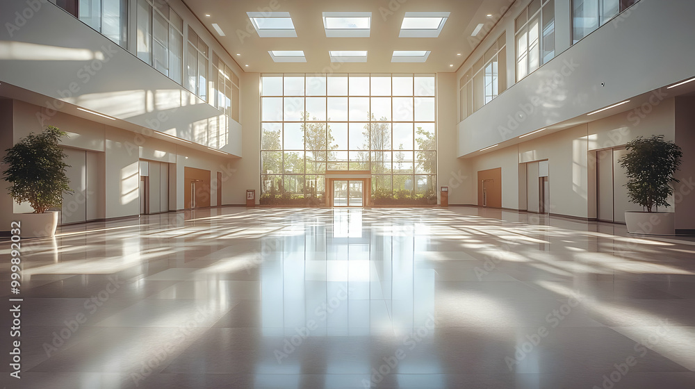 Sunlight Streaming Through Large Windows in Modern Building Lobby Sunlight Streaming Through Large Windows in Modern Building Lobby