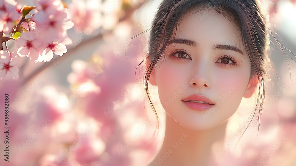 A serene portrait of an Asian woman with flawless skin, surrounded by soft pink cherry blossoms, gentle sunlight filtering through the flowers, A serene portrait of an Asian woman with flawless skin, surrounded by soft pink cherry blossoms, gentle sunlight filtering through the flowers,