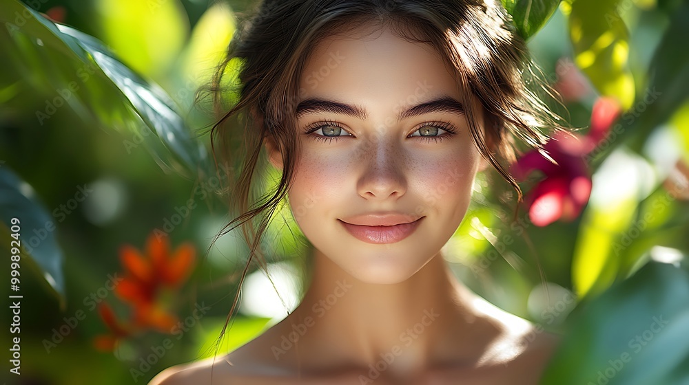 A serene young woman with glowing skin, standing in a lush garden, sunlight softly illuminating her face, vibrant flowers and leaves surrounding her, A serene young woman with glowing skin, standing in a lush garden, sunlight softly illuminating her face, vibrant flowers and leaves surrounding her,
