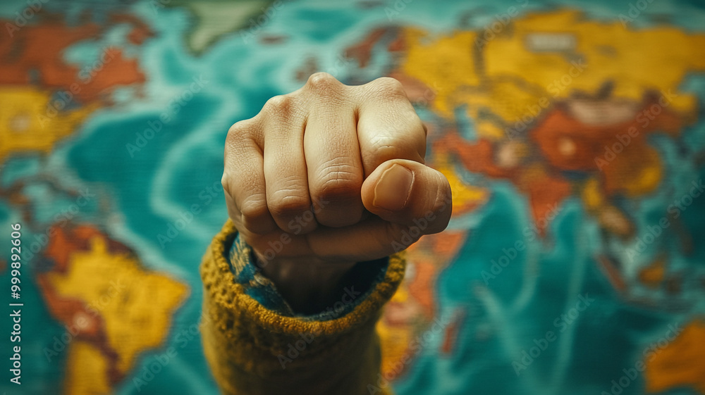 Celebrating International Volunteer Day with a raised fist in front of a world map Celebrating International Volunteer Day with a raised fist in front of a world map
