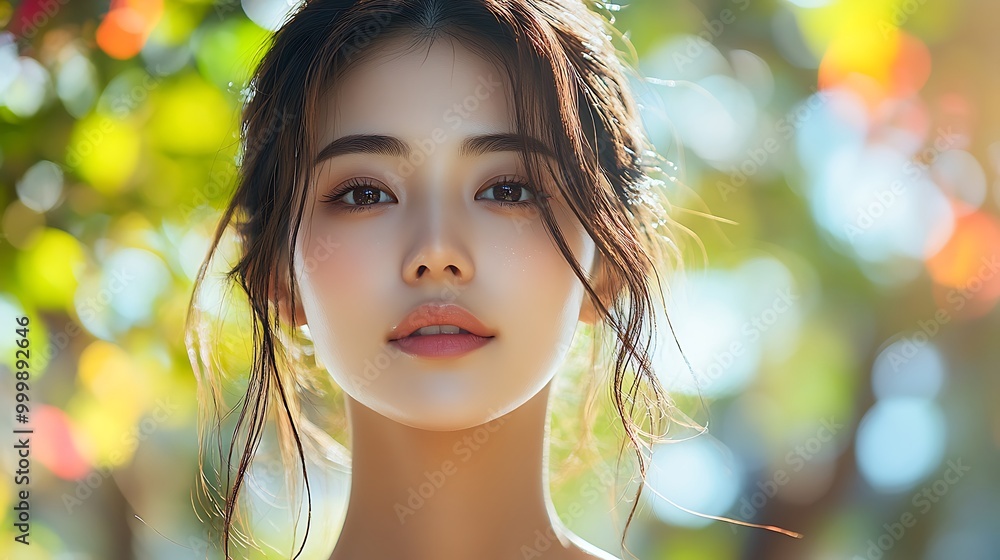 A young Asian woman with radiant skin, standing in a bright, colorful park, sunlight filtering through trees, her skin glowing with youthful energy, soft focus on her smooth complexion, A young Asian woman with radiant skin, standing in a bright, colorful park, sunlight filtering through trees, her skin glowing with youthful energy, soft focus on her smooth complexion,