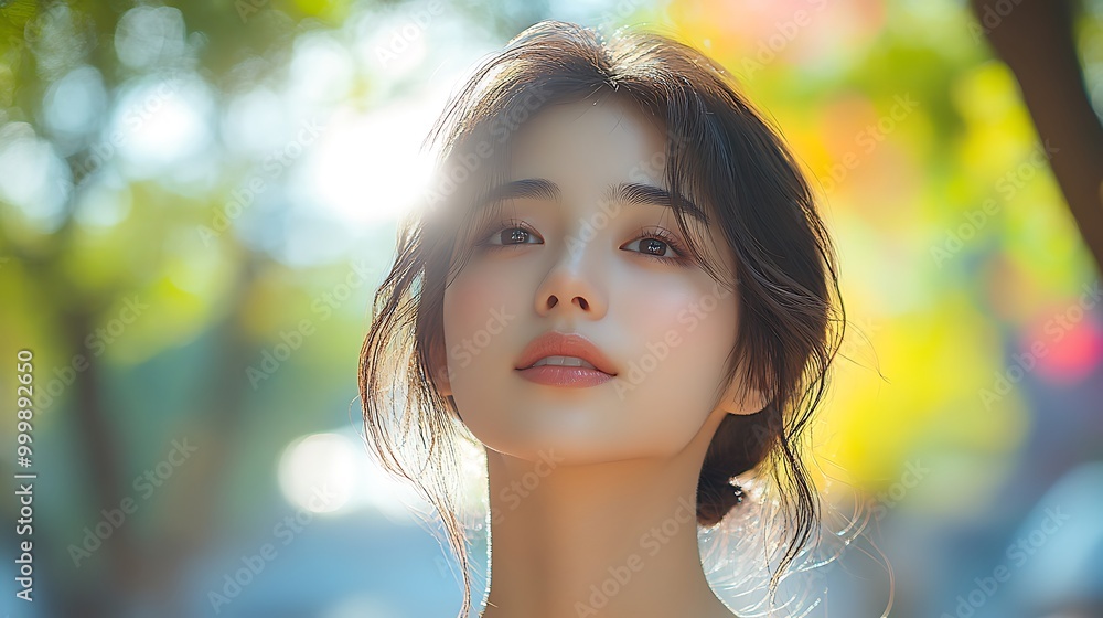 A young Asian woman with radiant skin, standing in a bright, colorful park, sunlight filtering through trees, her skin glowing with youthful energy, soft focus on her smooth complexion, A young Asian woman with radiant skin, standing in a bright, colorful park, sunlight filtering through trees, her skin glowing with youthful energy, soft focus on her smooth complexion,